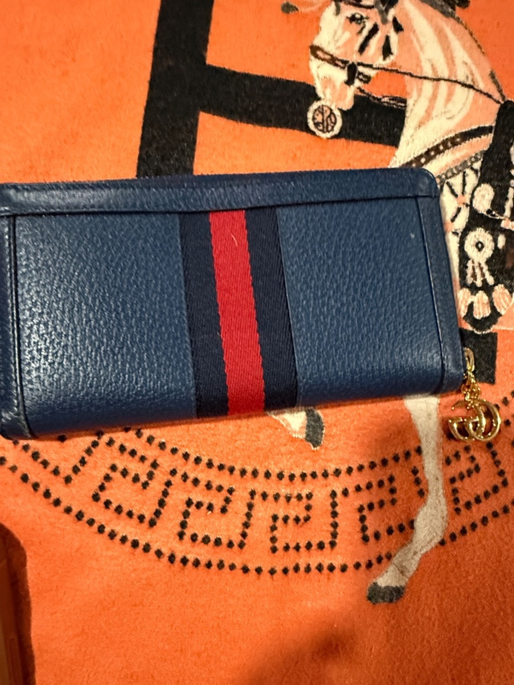 Blue Gucci Leather Zip Wallet with Red & Navy Stripe - Women Accessories